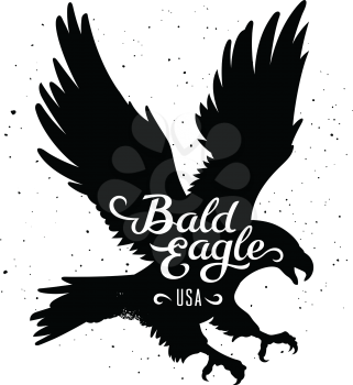 Bald Eagle silhouette and handwritten inscription Bald Eagle USA / Vector illustration in hipster style / T-shirt graphics