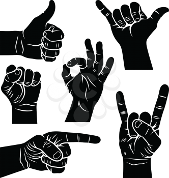 Hand gestures and signs. Shaka sign, male fist, a hand showing symbol Like, pointing hand, Rock and Roll hand sign, Ok hand sign. Vector illustration