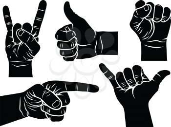 Hand gestures and signs. Shaka sign, male fist, a hand showing symbol Like, pointing hand, Rock and Roll hand sign. Vector illustration