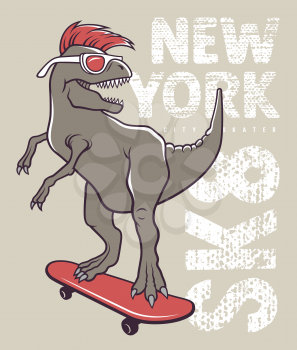 Dinosaur riding on skateboard. Vector illustration of a funny tyrannosaur with sunglasses. Skateboard typography for t-shirt. Tee graphics