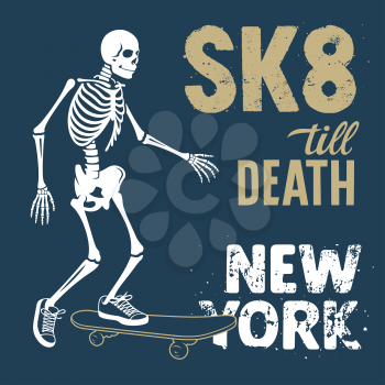 Skateboard t-shirt graphics. Skeleton riding on skateboard. Vector illustration. Skull Tee graphics