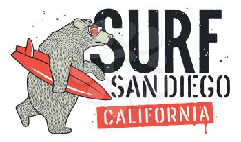 Bear with Sunglasses and Surfboard for T-shirt Design. Surfing Graphic Tee for kids. Funny illustration on the theme of surfing and summer vacation