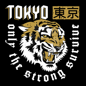 Japanese Tiger vector illustration and trendy slogan for t-shirt design. Only the strong survive. Hieroglyph means Tokyo