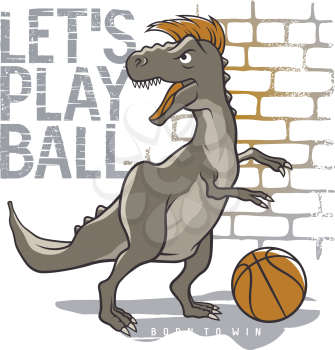 Dinosaur playing basketball. Tyrannosaur vector illustration. Athletic tee graphics, t-shirt graphic design