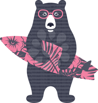 Bear surfer vector illustration for kids t-shirt. Surfing graphic tee, printed tee