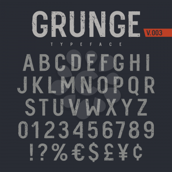 Grunge textured font. Rough stamp textured typeface. Latin alphabet letters and numbers.