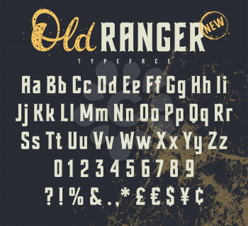 Vintage vector alphabet in the western style. Wild West font. Uppercase, lowercase letters and numbers. Grunge background on a separate layer