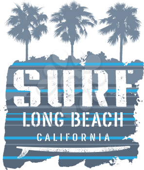 Surfing artwork. Long Beach California T-shirt apparel print graphics. Vintage graphic Tee. Vector Illustration on the theme of surfing in California