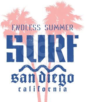 Surfing artwork. Surf California t-shirt graphic design. Vintage graphic Tee. Vector Illustration on the theme of surfing in California
