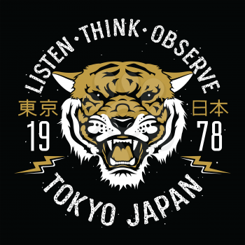 Asian Tiger patch embroidery. Vectors. T-shirt print design. Hieroglyphs meaning Tokyo Japan. Tee graphics
