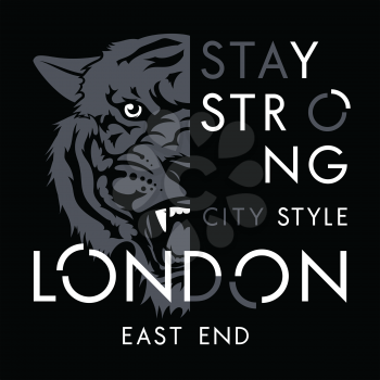 Tiger t-shirt print design. London city typography. Tee graphics. Vector illustration