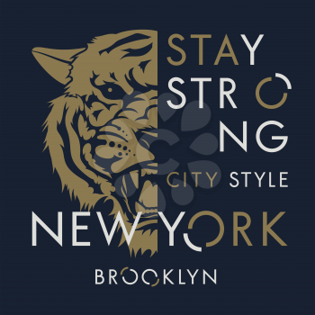 Tiger t-shirt print design. New York City typography. Tee graphics. Vector illustration