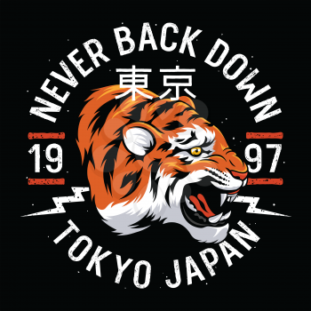 Japanese Tiger patch embroidery. Vectors. T-shirt design, tee graphics. Hieroglyph meaning Tokyo