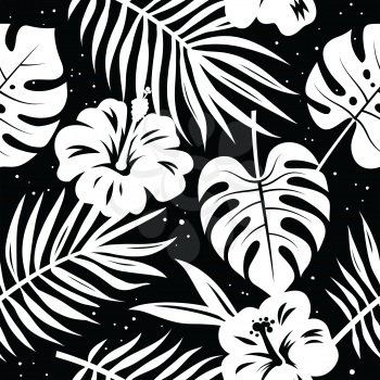 Seamless pattern with tropical leaves and flowers. Hand drawn vector background. Black white illustration