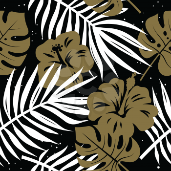 Seamless pattern with tropical palm leaves and exotic flowers. Hand drawn vector background. Trendy floral wallpaper