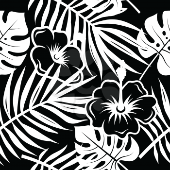 Seamless pattern with tropical palm leaves and exotic flowers. Hand drawn vector background. Trendy floral wallpaper