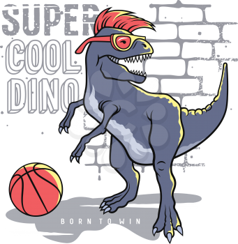 Dinosaur and slogan typography for t shirt design. Tyrannosaur Rex playing basketball on the background of brick wall. Athletic graphic tee. Vectors