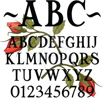 Hand drawn serif font. Simple handcrafted classic alphabet with red roses as decoration