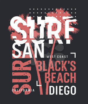 Surfing artwork. Surf California t-shirt design. Vintage graphic Tee. Vectors
