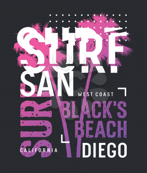 Surf California t-shirt and apparel design. Surfing artwork. Trendy Graphic Tee. Vectors