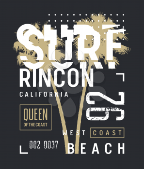 Surfing artwork. Surf California t-shirt and apparel design. Trendy graphic Tee. Vectors