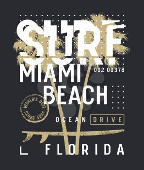 Surfing artwork. Surf Miami t-shirt and apparel design. Trendy graphic Tee. Vectors