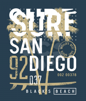 Surfing artwork. San Diego California Surf t-shirt design. Original Graphic Tee. Vectors