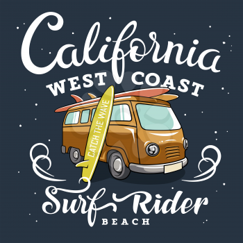 Surfing artwork. California West Coast. Surf rider beach. T-shirt apparel print design. Original graphic Tee