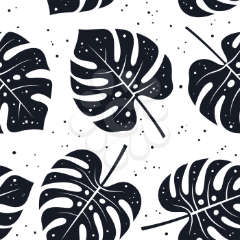 Seamless pattern with tropical leaves and grunge texture. Floral background, black and white exotic wallpaper, vectors