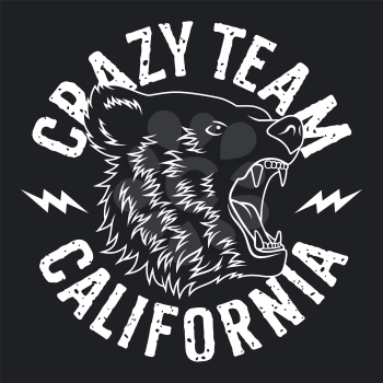 Bear head. Crazy Team California  t-shirt design. Trendy Graphic Tee
