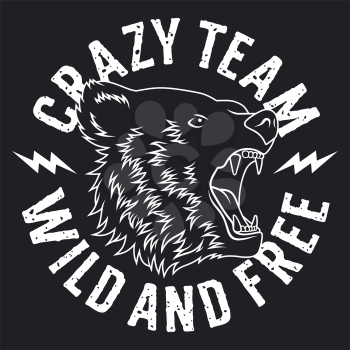 Bear head. Crazy Team California  t-shirt design. Trendy Graphic Tee