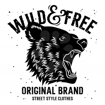 Grizzly Bear head. Wild and Free t-shirt design. Trendy Graphic Tee. Vector illustration with grunge effect