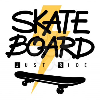 Skateboard handmade lettering for t shirt design. T-shirt print on the topic of skateboarding. Vector illustration with sport typography, lightning and a skateboard silhouette