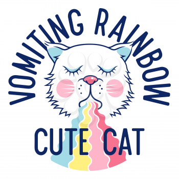 Cute cat for child t-shirt design. Cute kitten vomiting rainbow vector illustration