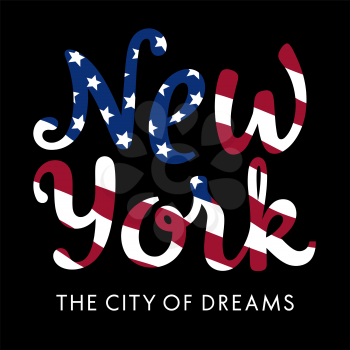 USA flag New York City typography for t-shirt design. Vector illustration with american flag and calligraphy lettering
