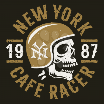 Skull and motorcycle helmet. Cafe racer slogan typography for t shirt design. T-shirt print graphics on the theme of motorcycle