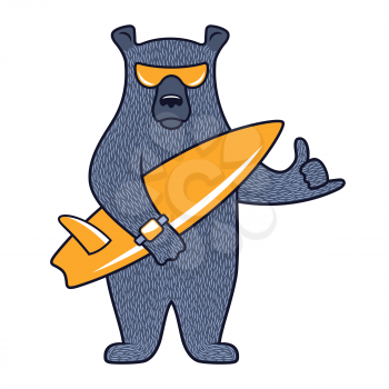 Bear in sunglasses with surfboard for child t-shirt design. Funny illustration on the theme of surfing