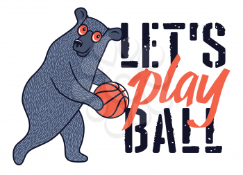 Funny Bear with sunglasses and basketball ball for t-shirt design. Vector illustration on the sport theme