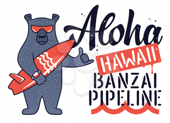 Bear with sunglasses and surfboard for t-shirt design. Aloha Hawaii graphic tee for kids. Funny illustration on the theme of surfing