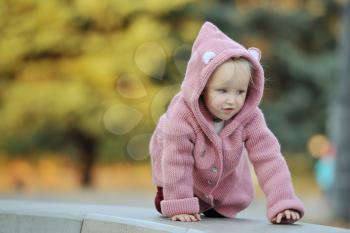 Little girl blond child 3-4 years old in a knitted coat crawls on arms and legs, on all fours while walking in the autumn park