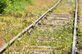 The abandoned railway was overgrown with grass, near the city.