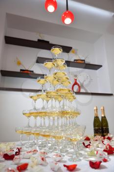 Big Pyramid of Champagne in a restaurant.