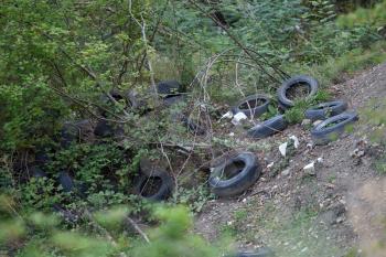 Pollution of nature with old car tires. Environmental problem with pollution