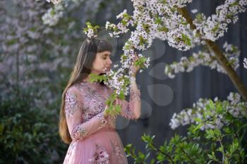 Young girl in a pink fashionable dress, next to a beautiful flowering tree of Japanese cherry in the garden.