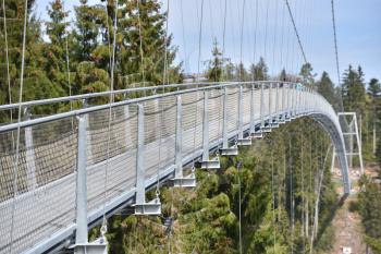 A long and narrow suspension iron bridge for pedestrian tourists in the coniferous forest.
