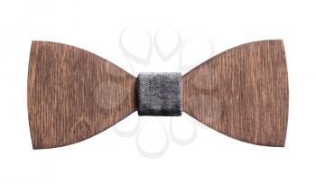 Stylish men's brown wooden bow tie with gray fabric on a white background, isolated.