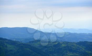 Landscape with hills and blue air, the atmosphere in the European forest of Schwarzwald, Germany. Clean Air Ecology Concept