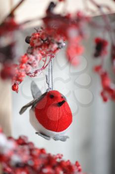 Christmas tree decorations, bullfinch bird hanging on a rowan branch