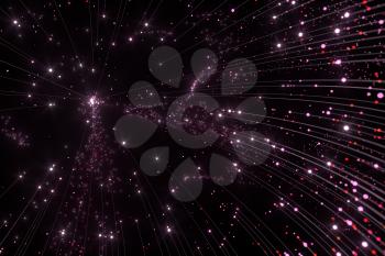 Glowing pink particles with trails, 3d rendering. Computer digital drawing.