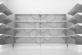 Empty supermarket shelves with white background, 3d rendering. Computer digital drawing.